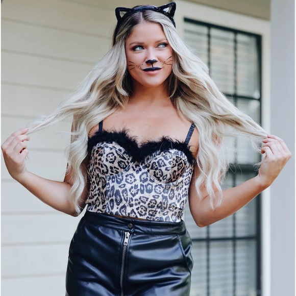Women’s FURRY BLACK/LEOPARD CORSET COSTUME TOP | NEW/NWT!!😸😻🖤😸😻 - Picture 1 of 10